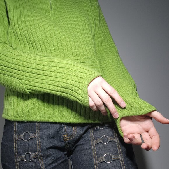 Vintage Y2K comfy bright apple green knit sweater ✦ High neck quarter zip-up top - Picture 6 of 15